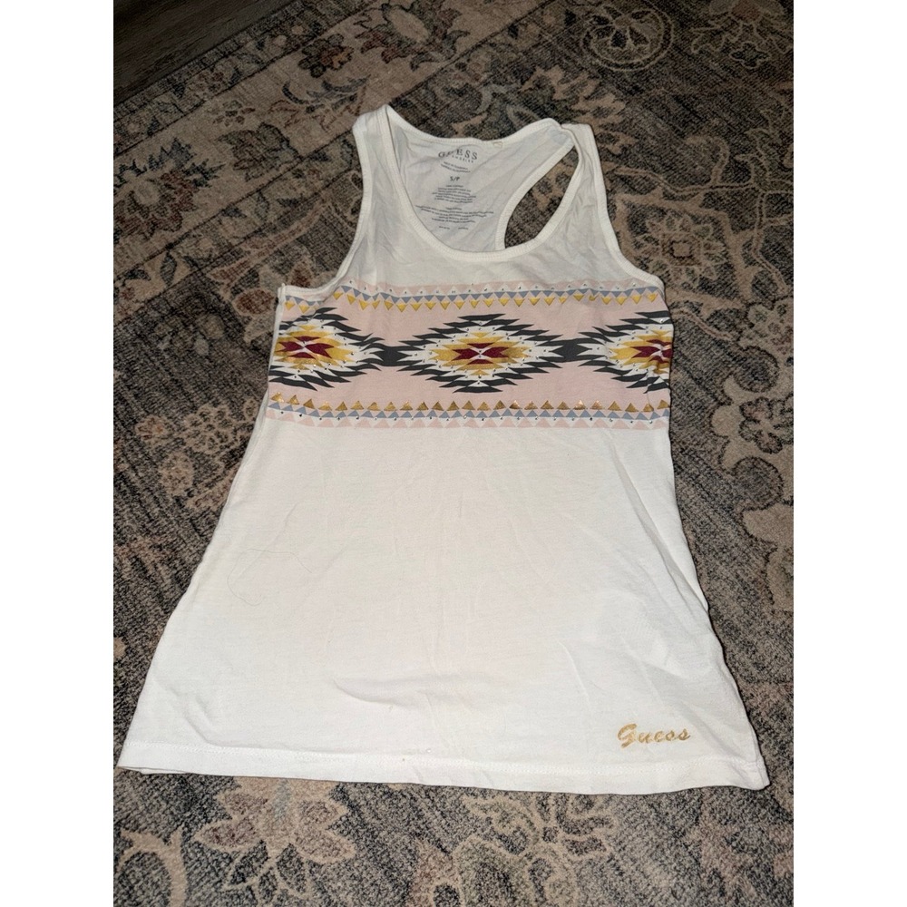 Vintage Guess Y2K Aztec Rhinestone Tank Top White
